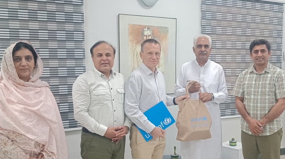 A delegation from UNICEF Peshawar, led by Chief Field Officer Mr. Radoslaw Rzehak and Child Protection Specialist Mr. Sohail Ahmad, met with Vice Chancellor Prof. Dr. Johar Ali to enhance collaboration on child protection initiatives.