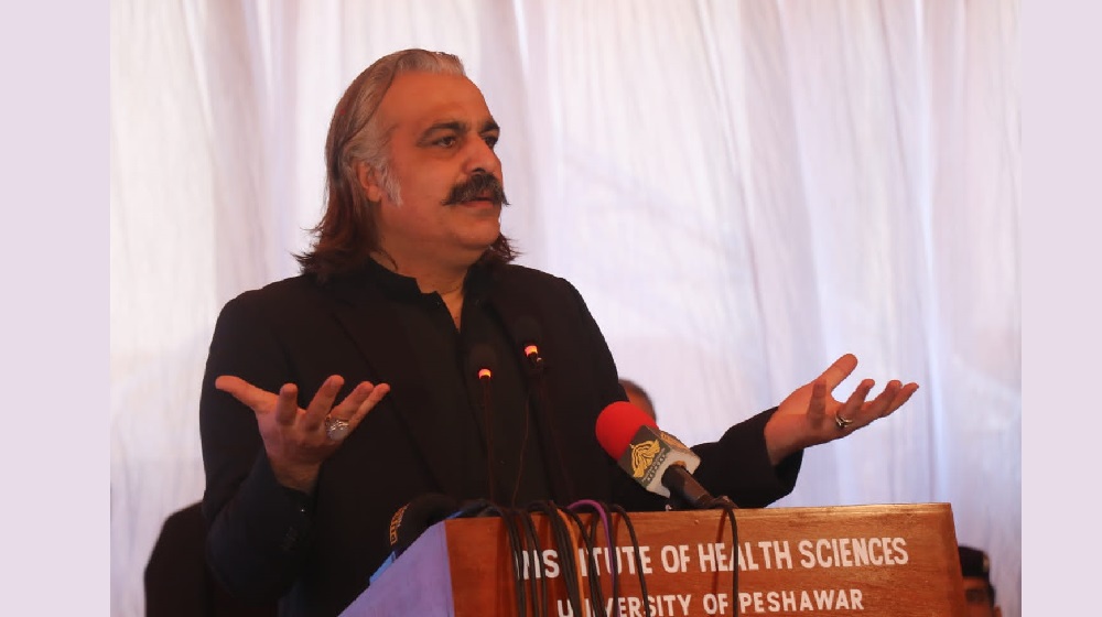 The honourable Chief Minister &  Chancellor KyberPakhtunkhwa Universities Sardar Ali Amin Khan Gandapur is speaking at the launching ceremony of Allied Health Sciences